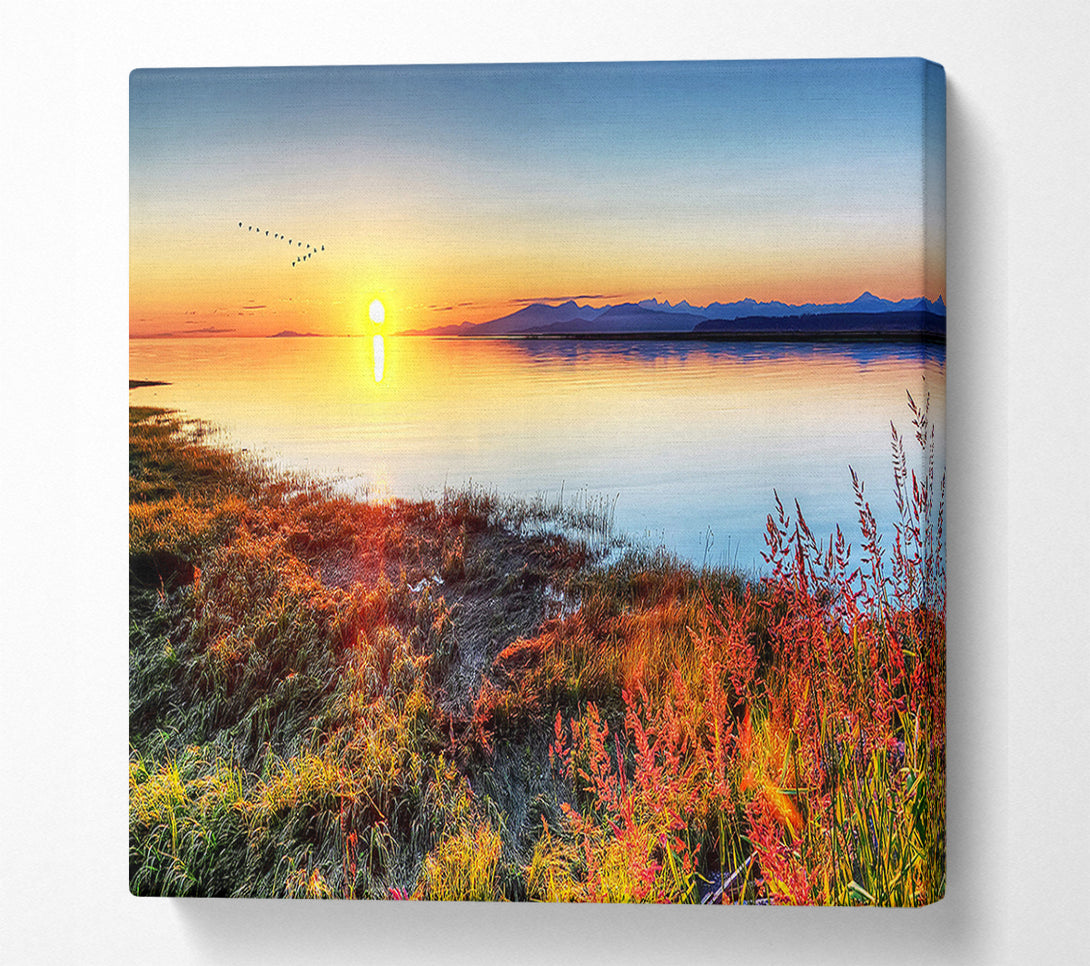  A Canvas Print of Migratory Birds Flying Over The Mountain Lake Canvas Wall Art