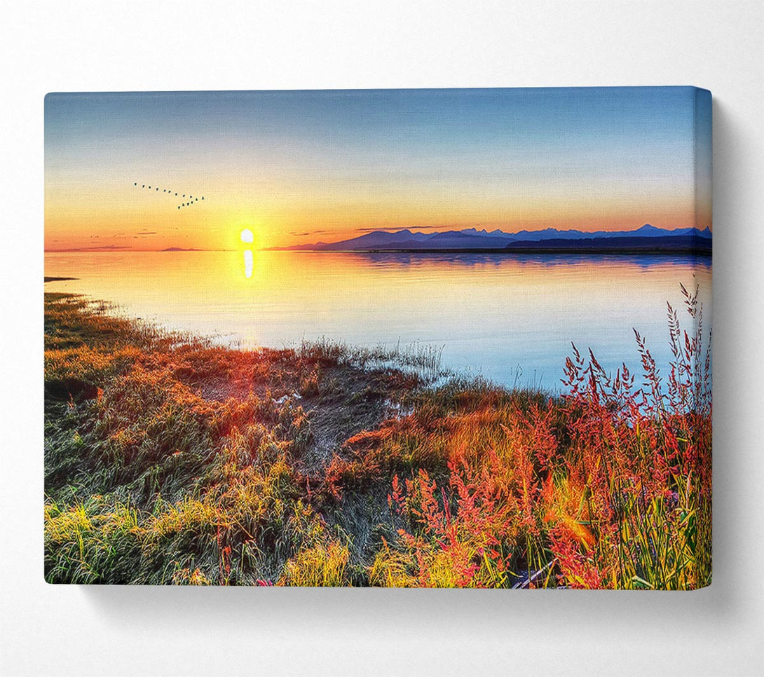  A Canvas Print of Migratory Birds Flying Over The Mountain Lake Canvas Wall Art