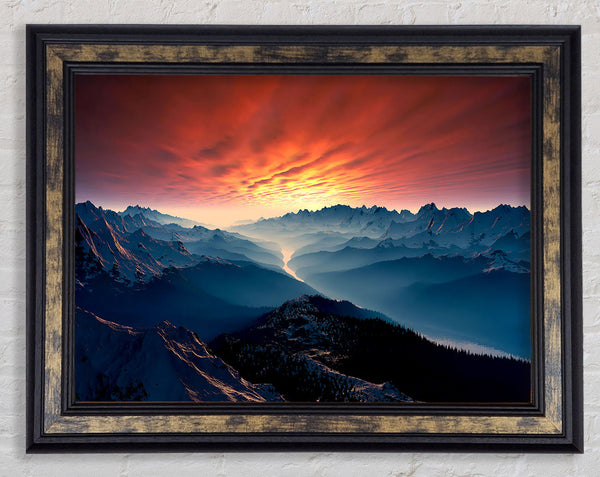 Stunning Snow Peaked Mountains At First Light Framed Print