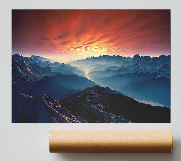 Stunning Snow Peaked Mountains At First Light Poster