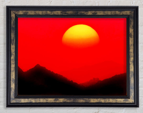 Huge Sun Over The Mountain Tops Red Framed Print