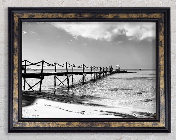 White Sand Pier B n W Framed Print