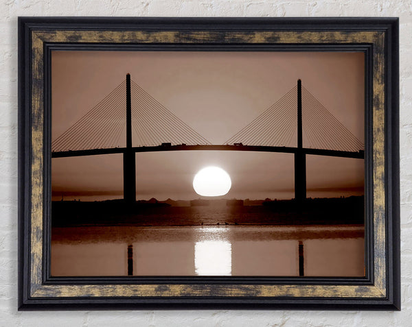 Distant Bridge Sundown Chocolate Framed Print