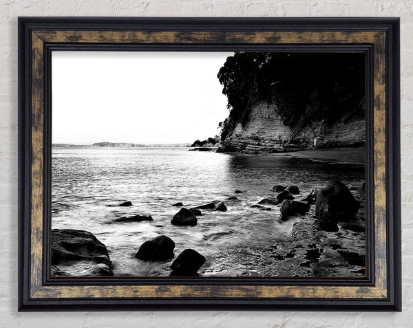 Black And White Sparkle Ocean Rocks Framed Print