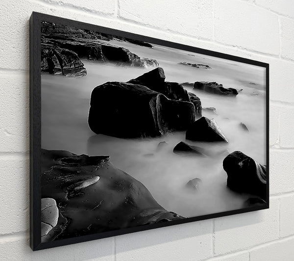 Misty Calm Ocean Rocks Black n White