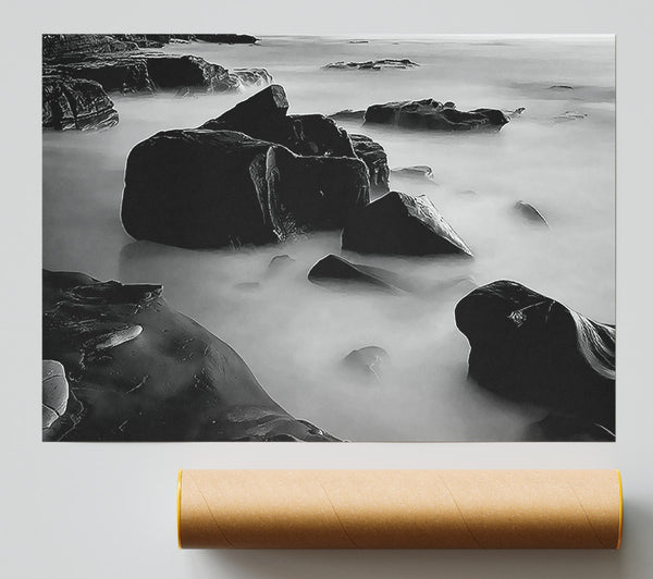 Misty Calm Ocean Rocks Black N White Print