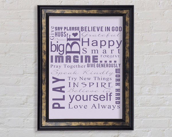 Home Quote Family Rules Be Happy Love Always Lilac Framed Print