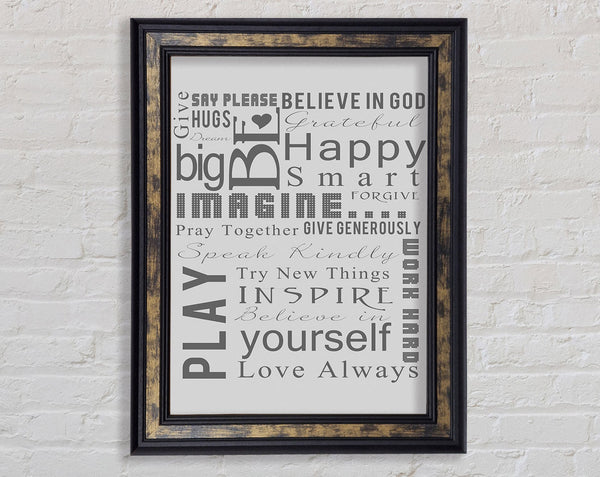 Home Quote Family Rules Be Happy Love Always Grey Framed Print