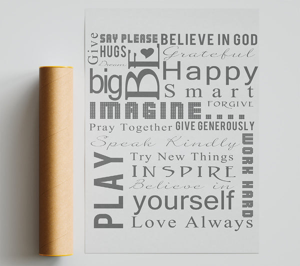 Home Quote Family Rules Be Happy Love Always Grey Giclee Print