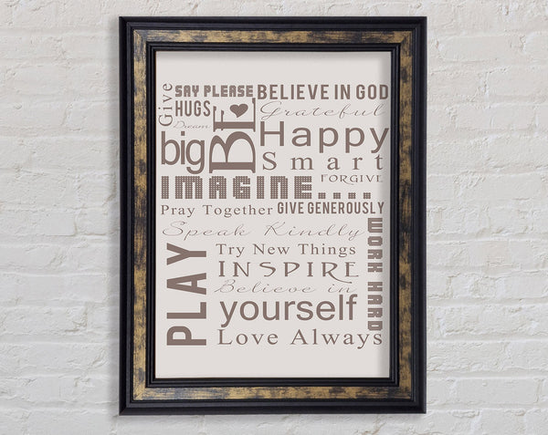 Home Quote Family Rules Be Happy Love Always Beige Framed Print