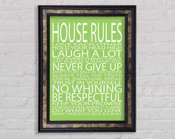 Family Quote House Rules Love Each Other Lime Green Framed Print