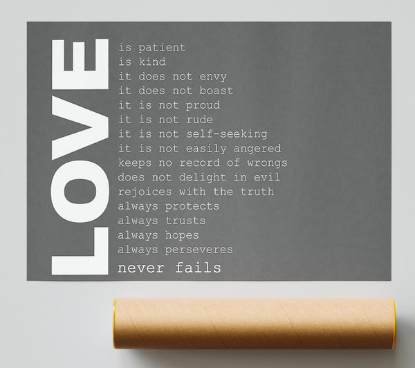 Love Quote Love Never Fails Grey Poster