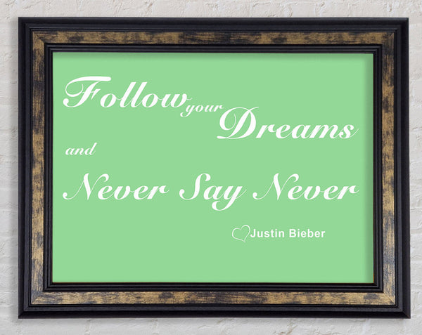 Music Quote Follow Your Dreams Justin Bieber Green Framed Print