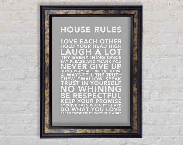 Family Quote House Rules 3 Grey White Framed Print