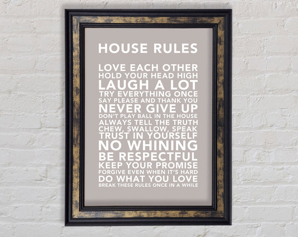 Family Quote House Rules 3 Beige Framed Print