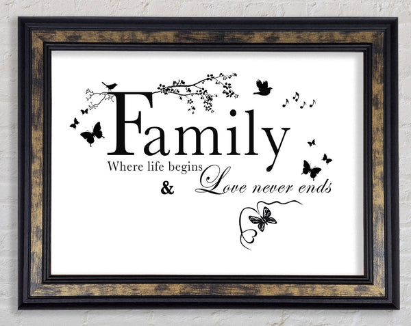 Family Quote Family Where Life Begins White Framed Print