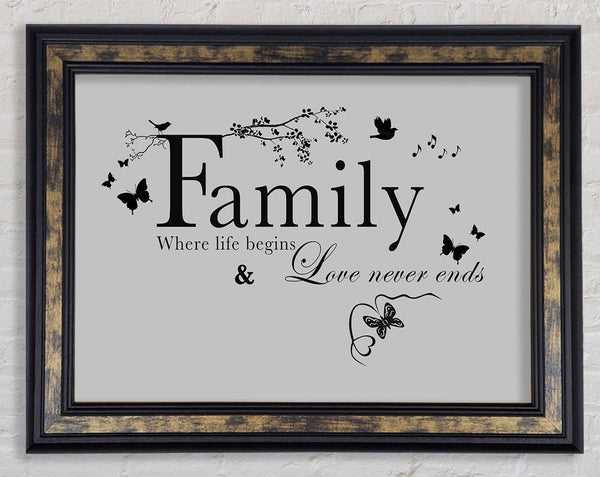 Family Quote Family Where Life Begins Grey Framed Print