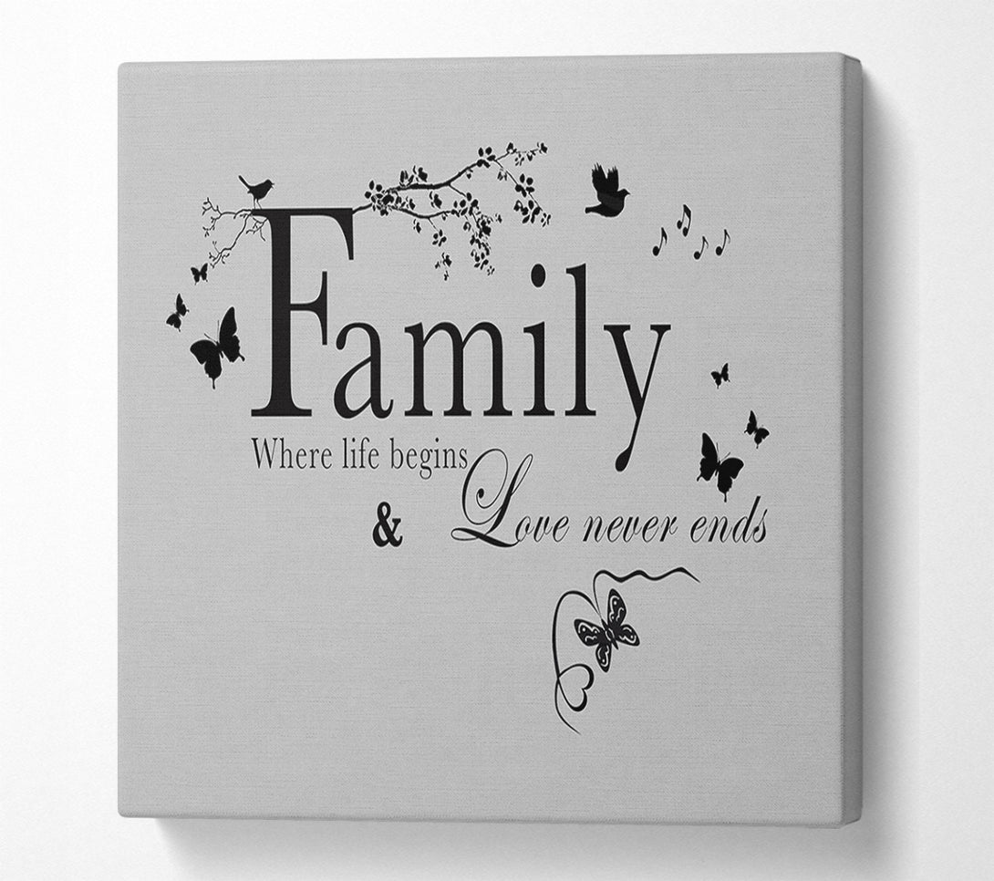  A Canvas Print of Family Quote Family Where Life Begins Grey Canvas Print
