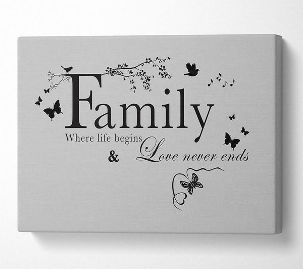  A Canvas Print of Family Quote Family Where Life Begins Grey Canvas Print