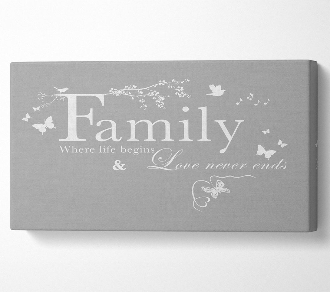  A Canvas Print of Family Quote Family Where Life Begins Grey White Canvas Wall Art
