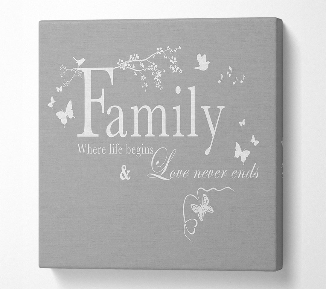  A Canvas Print of Family Quote Family Where Life Begins Grey White Canvas Wall Art