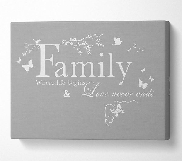  A Canvas Print of Family Quote Family Where Life Begins Grey White Canvas Wall Art