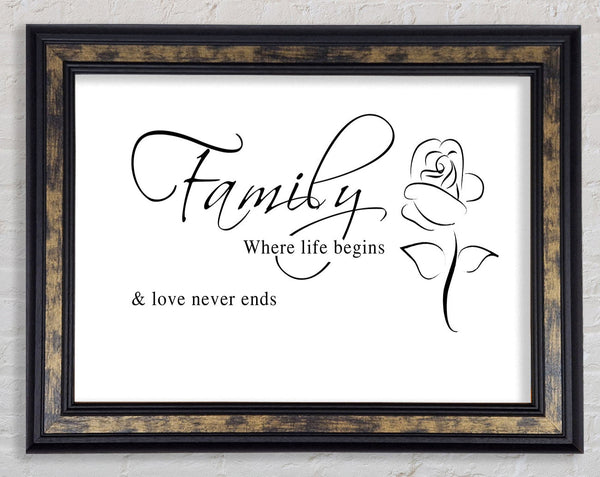Family Quote Family Where Life Begins 1 White Framed Print