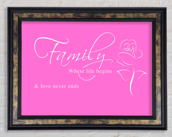 Family Quote Family Where Life Begins 1 Vivid Pink Framed Print