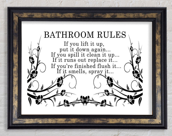 Bathroom Quote Bathroom Rules 2 White Framed Print