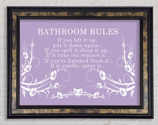 Bathroom Quote Bathroom Rules 2 Lilac Framed Print