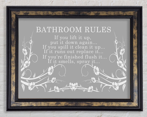 Bathroom Quote Bathroom Rules 2 Grey White Framed Print
