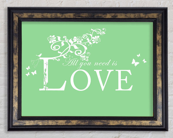 Music Quote All You Need Is Love Green Framed Print
