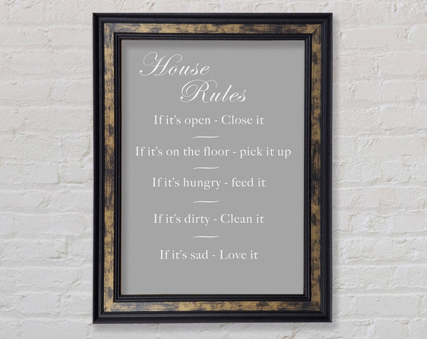 Family Quote House Rules 2 Grey White Framed Print
