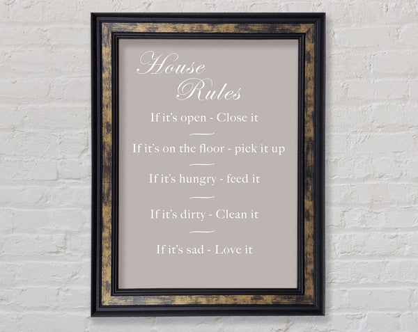 Family Quote House Rules 2 Beige Framed Print