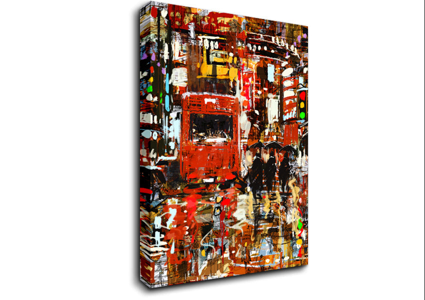 Red Bus In The Busy Streets Canvas Wall Art