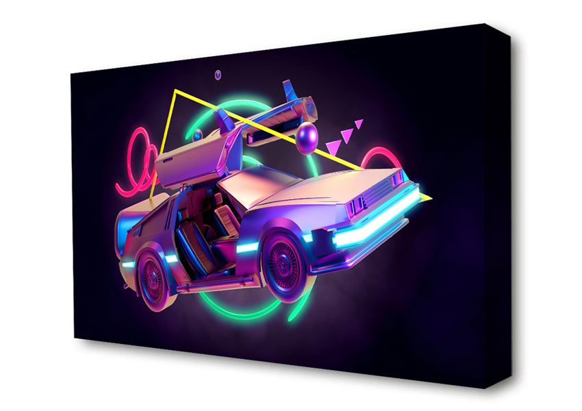 Delorean Car Neon Canvas Wall Art