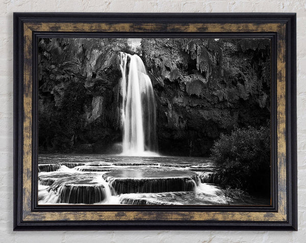 Hidden Woodland Waterfall Rocks B n W Framed Print
