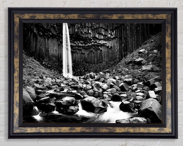 Waterfall Valley Rocks B n W Framed Print