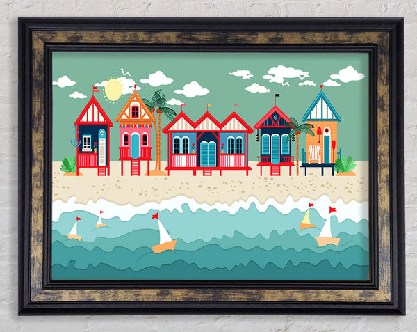Beach Huts And Sailboats Framed Print