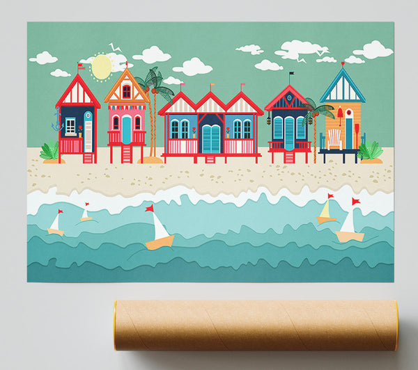 Beach Huts And Sailboats Poster