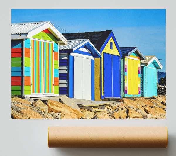 Beach Hut Rocks Poster