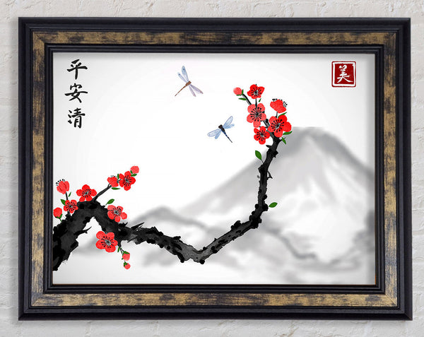 Chinese Cherry Blossom Mountains Framed Print