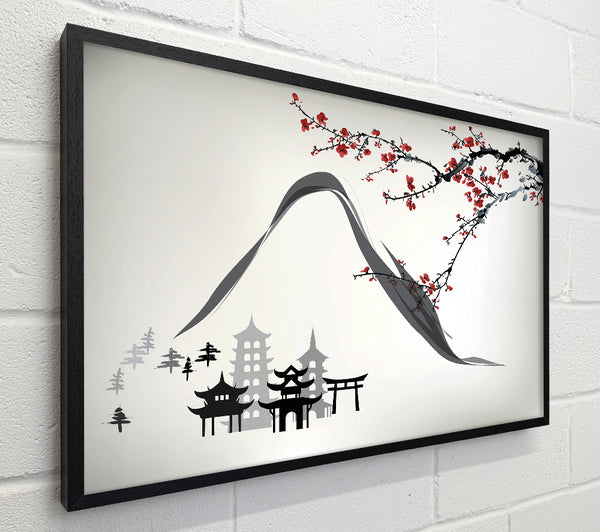 Mountains And Chinese Cherry Blossom