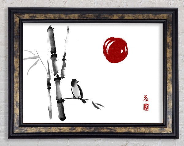 Japanese Bamboo Bird In The Red Sun Framed Print