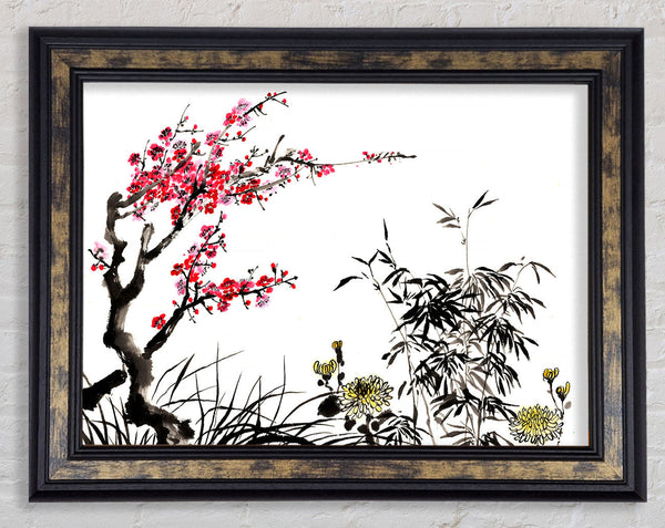 Chinese Cherry Blossom Grasses Framed Print