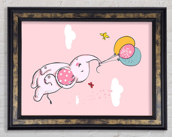 Pink Elephant Floating On Balloons Framed Print