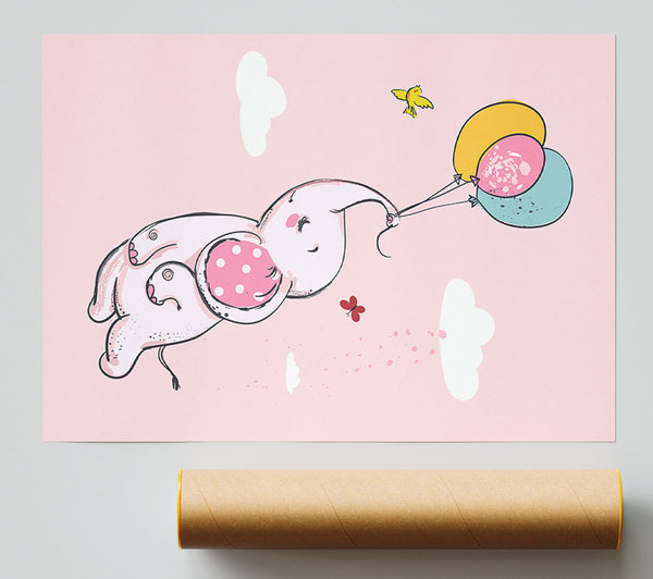 Pink Elephant Floating On Balloons Poster