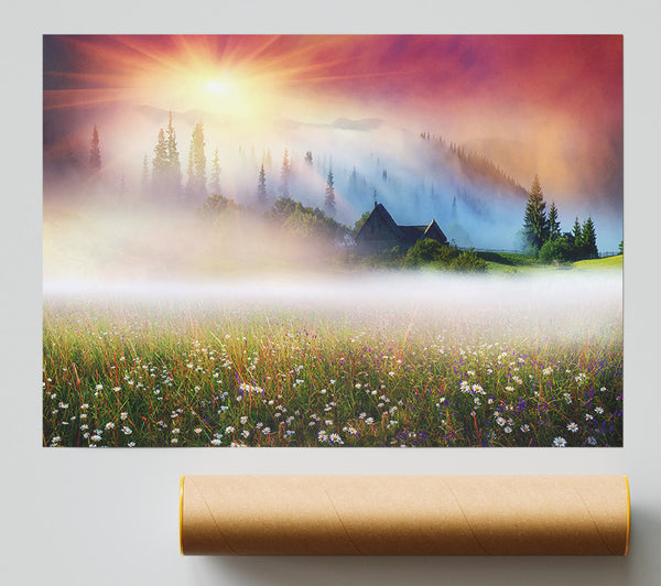 Sun Beams Through The Misty Flowers Print