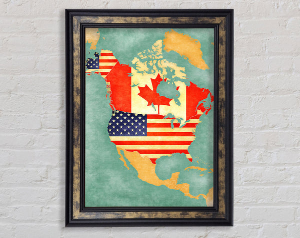 Canada And American Map Framed Print