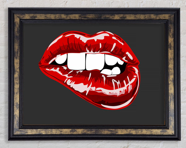 Red Lip Bite On Grey Framed Print